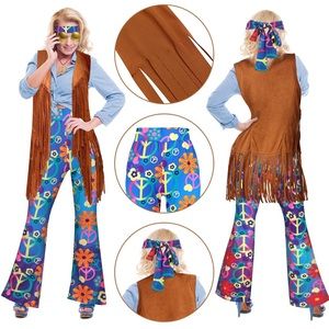 70s Outfits Costume Boho Flared Pants Fringe Vest Tassel Peace Sign Accessories